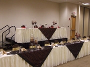 Image of seating for wedding bridal party, with bride and groom seating on stage and attendants in front at floor level.